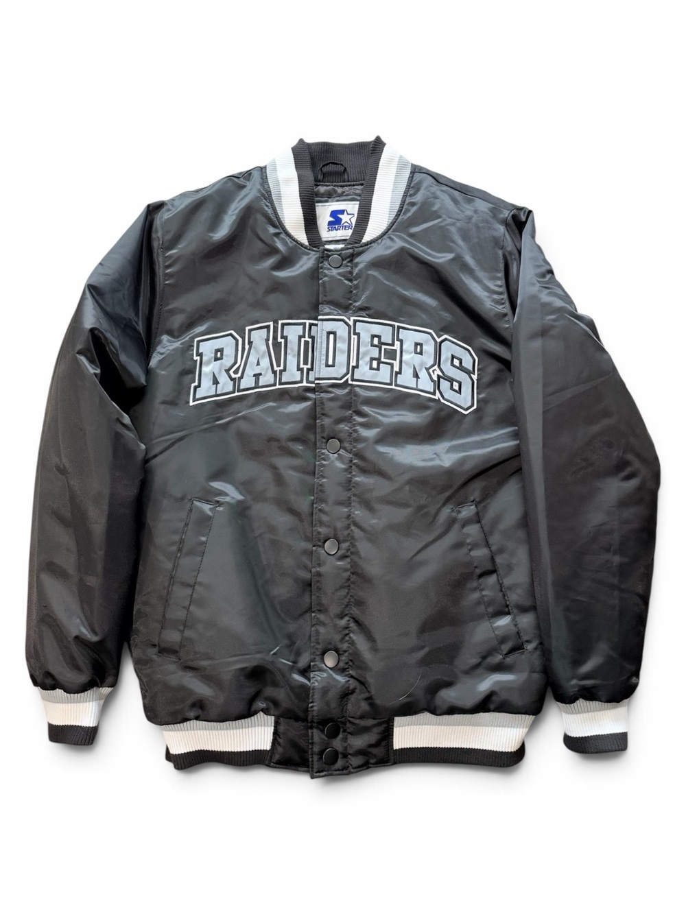 Vintage Starter Raiders NFL Black Satin Bomber Jacket